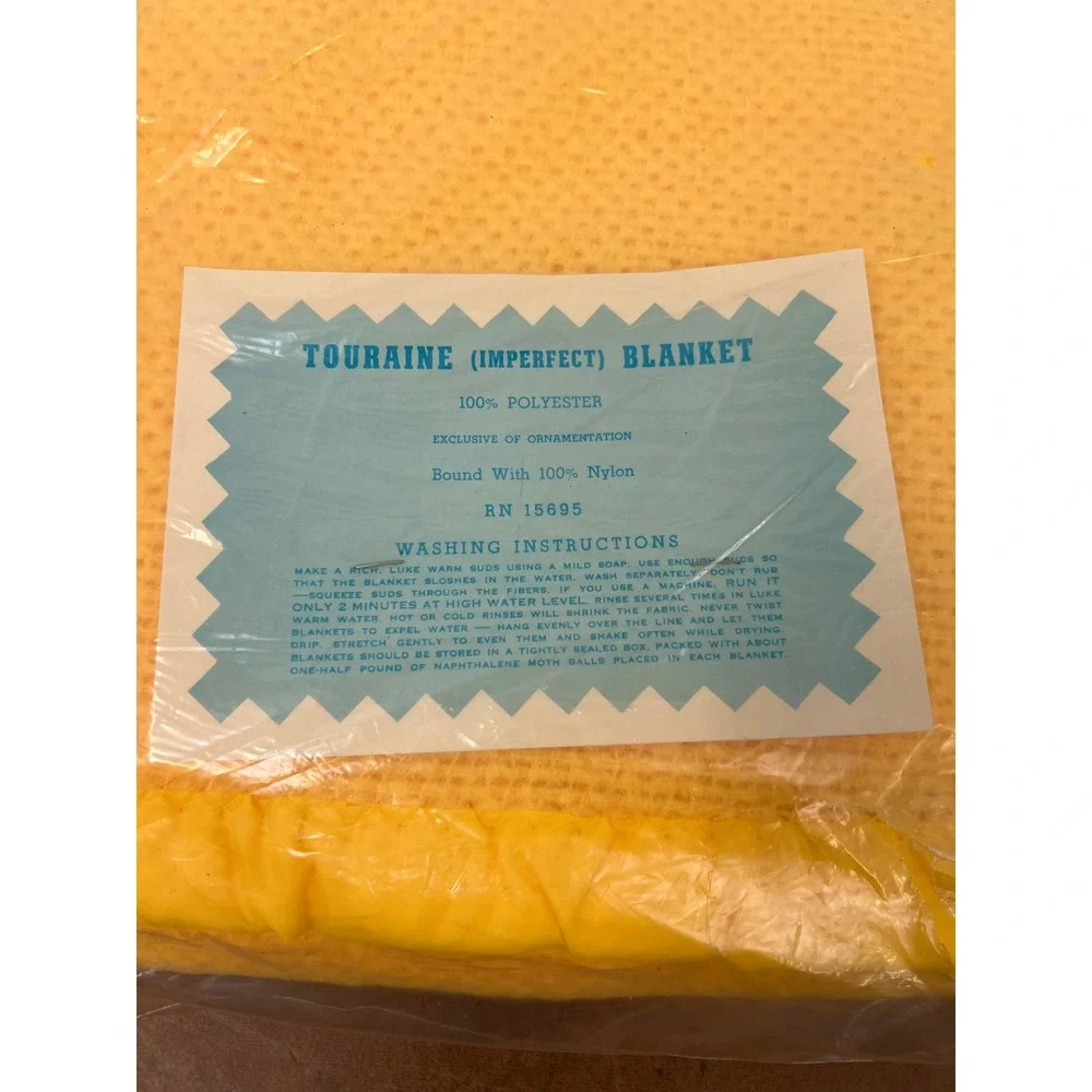 Vintage Touraine Yellow Thermal Blanket 100% Polyester Nylon Bound Imperfect NOS